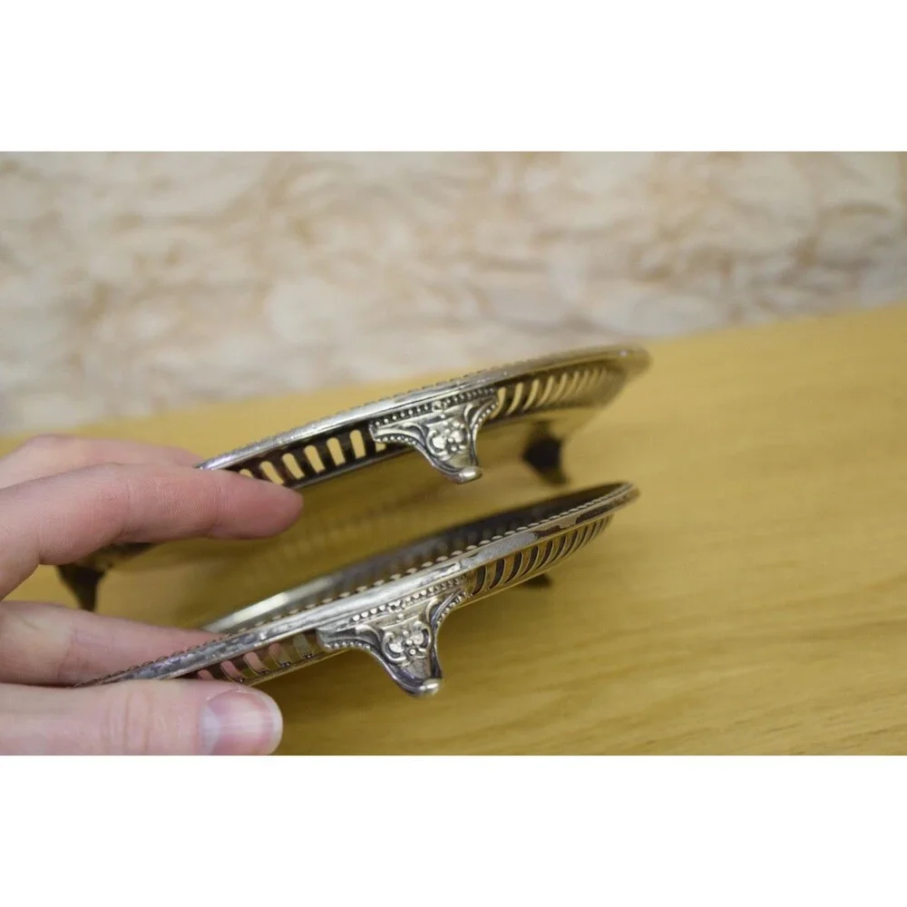 M.H. & Co VTG Gallery Trays w/ Stag Inlay Decorative Feet Set of 2 Silverplated